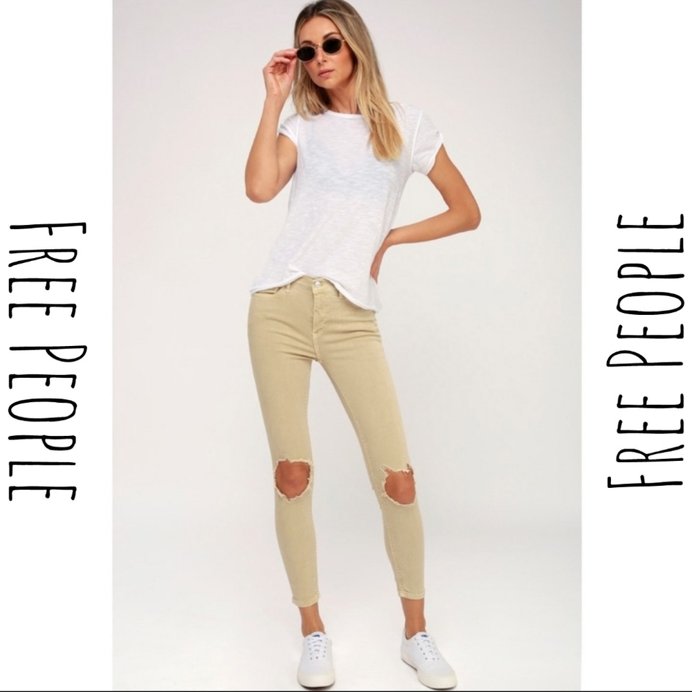 Free People | Khaki High Rise Busted Skinny Jeans